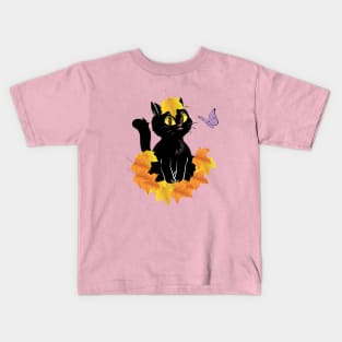 Autumn Leaves with a Black Cat Kids T-Shirt